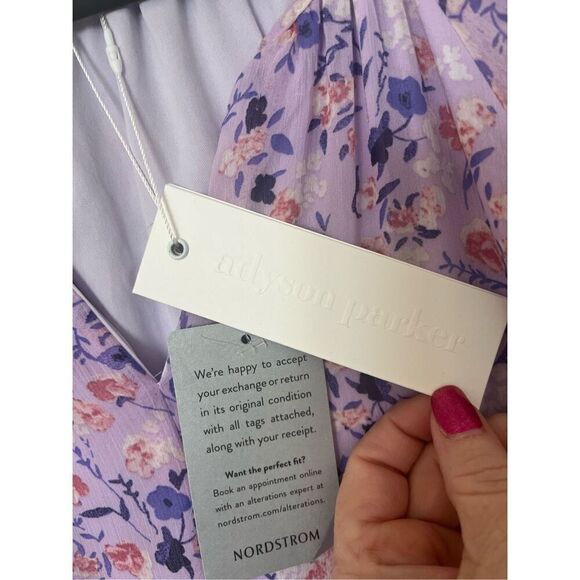 ADYSON PARKER Floral Tiered Puff Long Sleeve Dress In Strawberry Cream Combo NEW - Picture 4 of 8